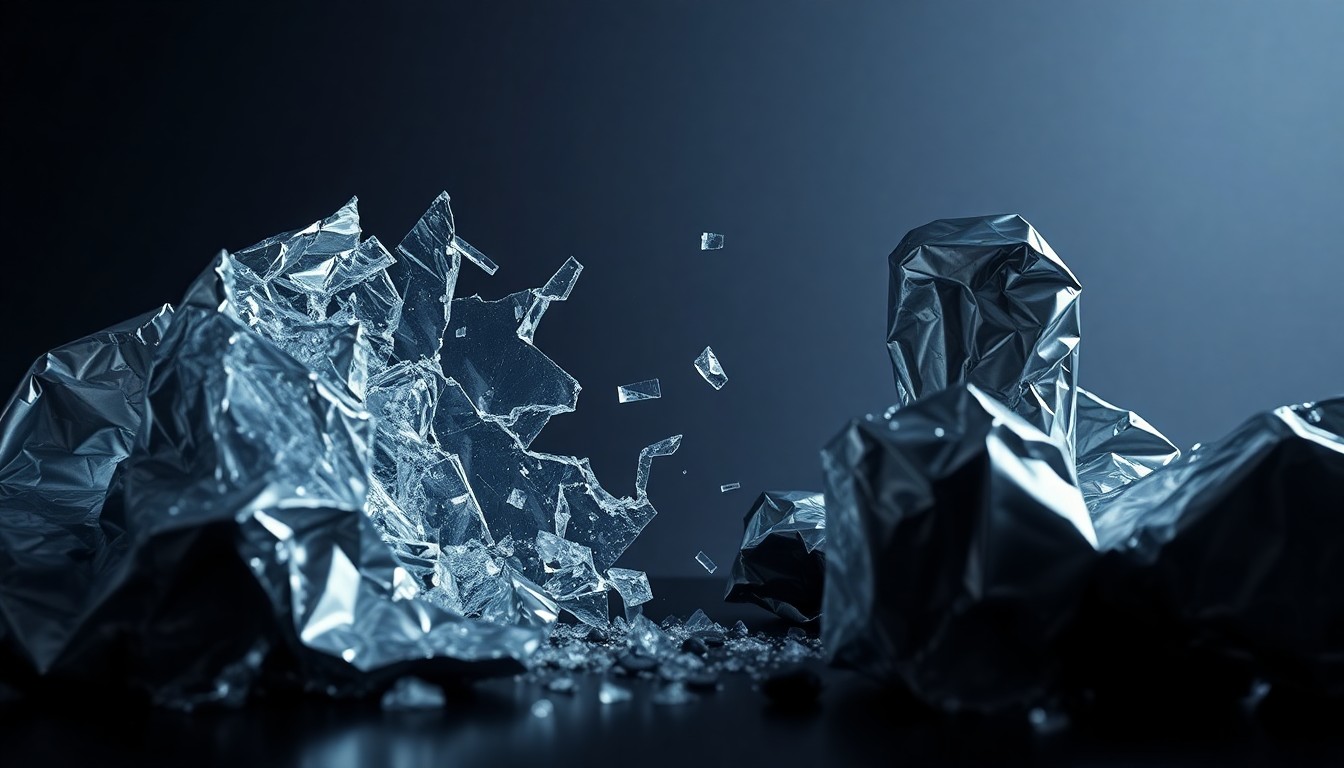 An abstract close-up photograph of shattered glass and crumpled aluminum foil, using dramatic high-contrast lighting to create a glitzy, high-fashion aesthetic that conceptually represents the fractured relationship between the two TV anchors.