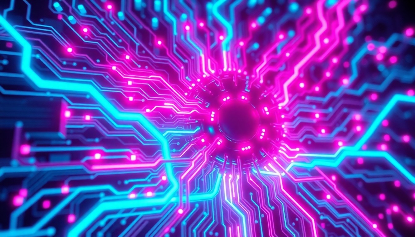 A highly detailed, glowing 3D illustration of a complex neural network or cybernetic circuit board, with neon cyan and magenta lights pulsing through the intricate hardware, conceptually representing the intersection of AI, human cognition, and the potential for delusional feedback loops.