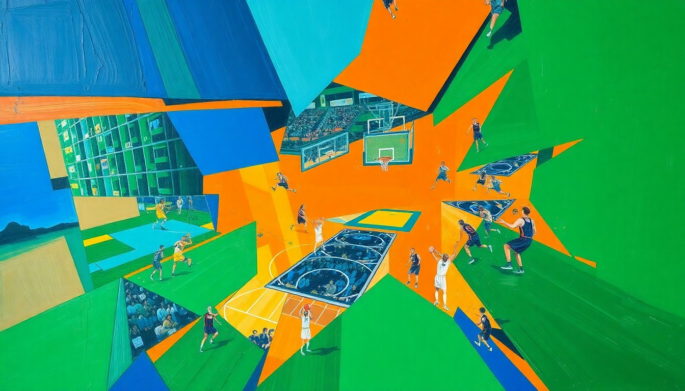 A cubist, geometric painting in vibrant colors depicting the action and energy of a college basketball tournament, with overlapping planes and fragmented perspectives conveying the excitement and drama of the Final Four.