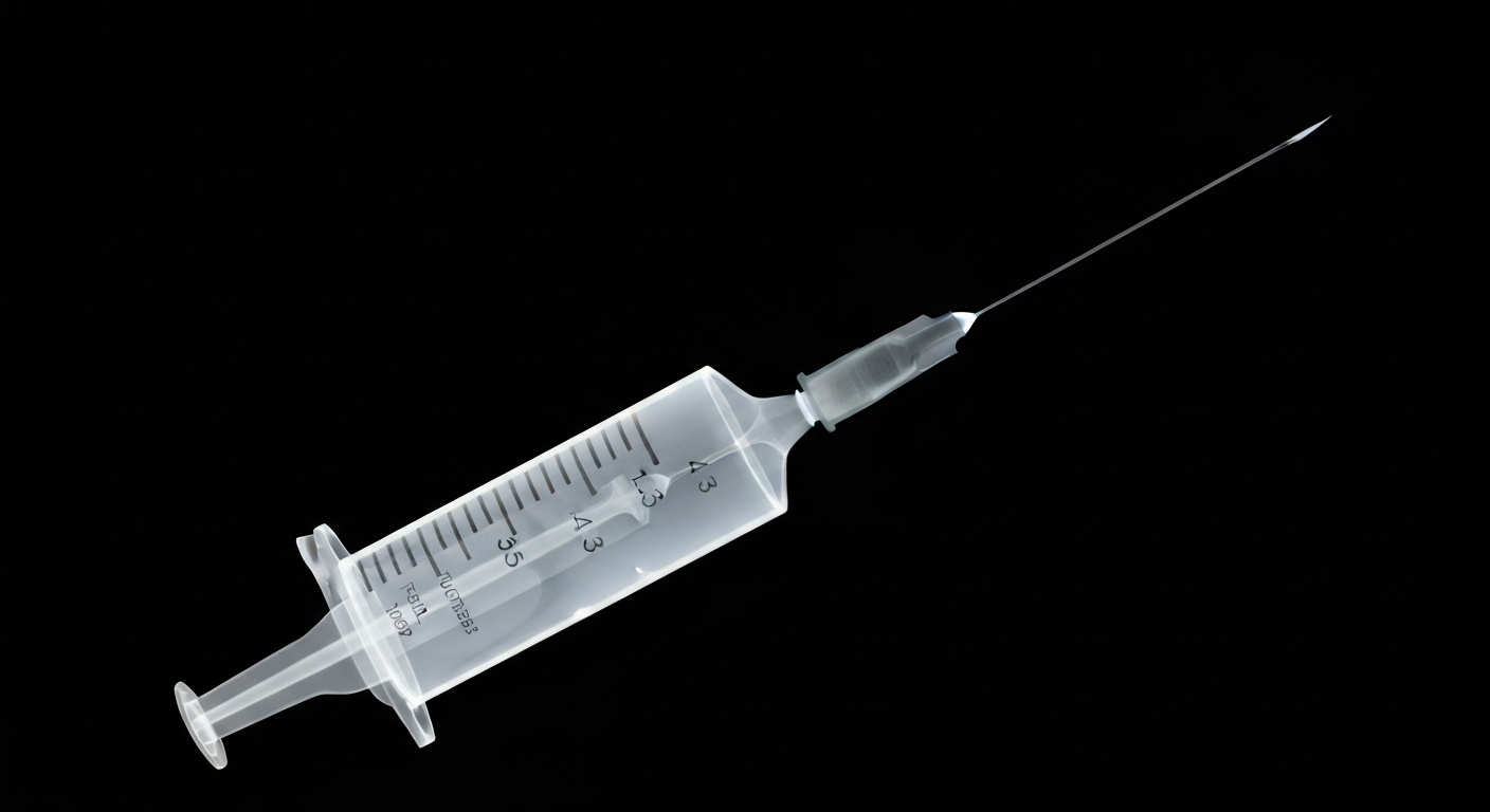 A ghostly, translucent X-ray image of a syringe and needle, highlighting the delicate internal structure and conceptually representing the complexities of the opioid epidemic.