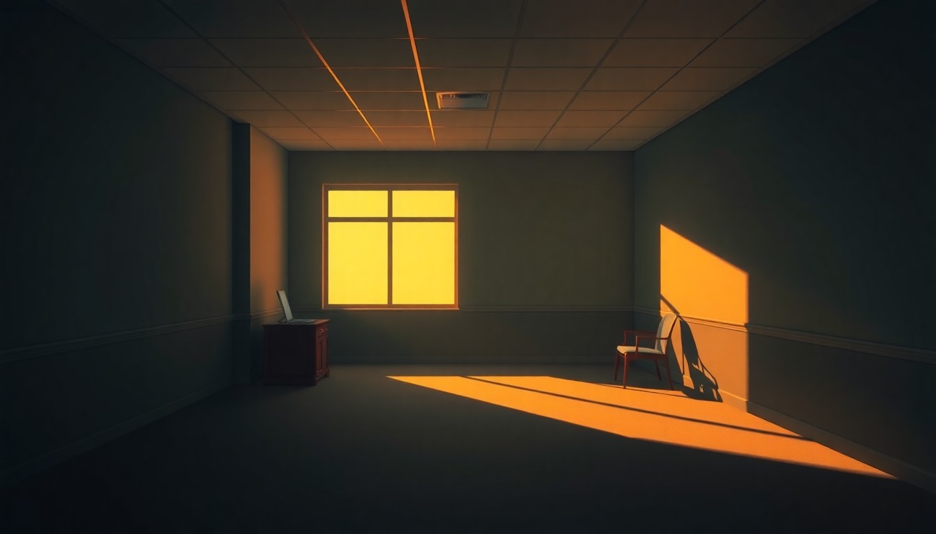 A dimly lit, cinematic painting of an empty government office space, with sunlight streaming in through the windows and creating deep shadows across the desks and chairs, conveying a sense of solitude and unease.