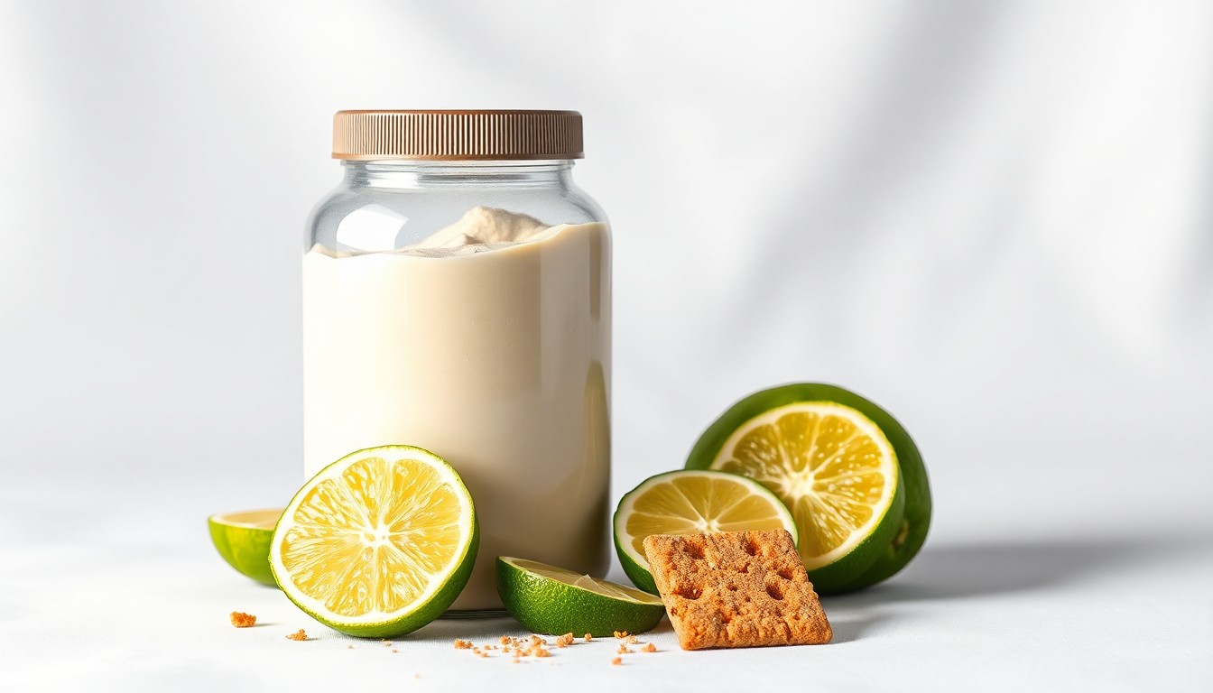 A high-end, photorealistic studio still-life photograph featuring a glass jar filled with Key Lime Pie Whey Protein powder, along with slices of fresh key lime and graham cracker crumbs, all arranged elegantly on a clean, white background with dramatic studio lighting and deep shadows.