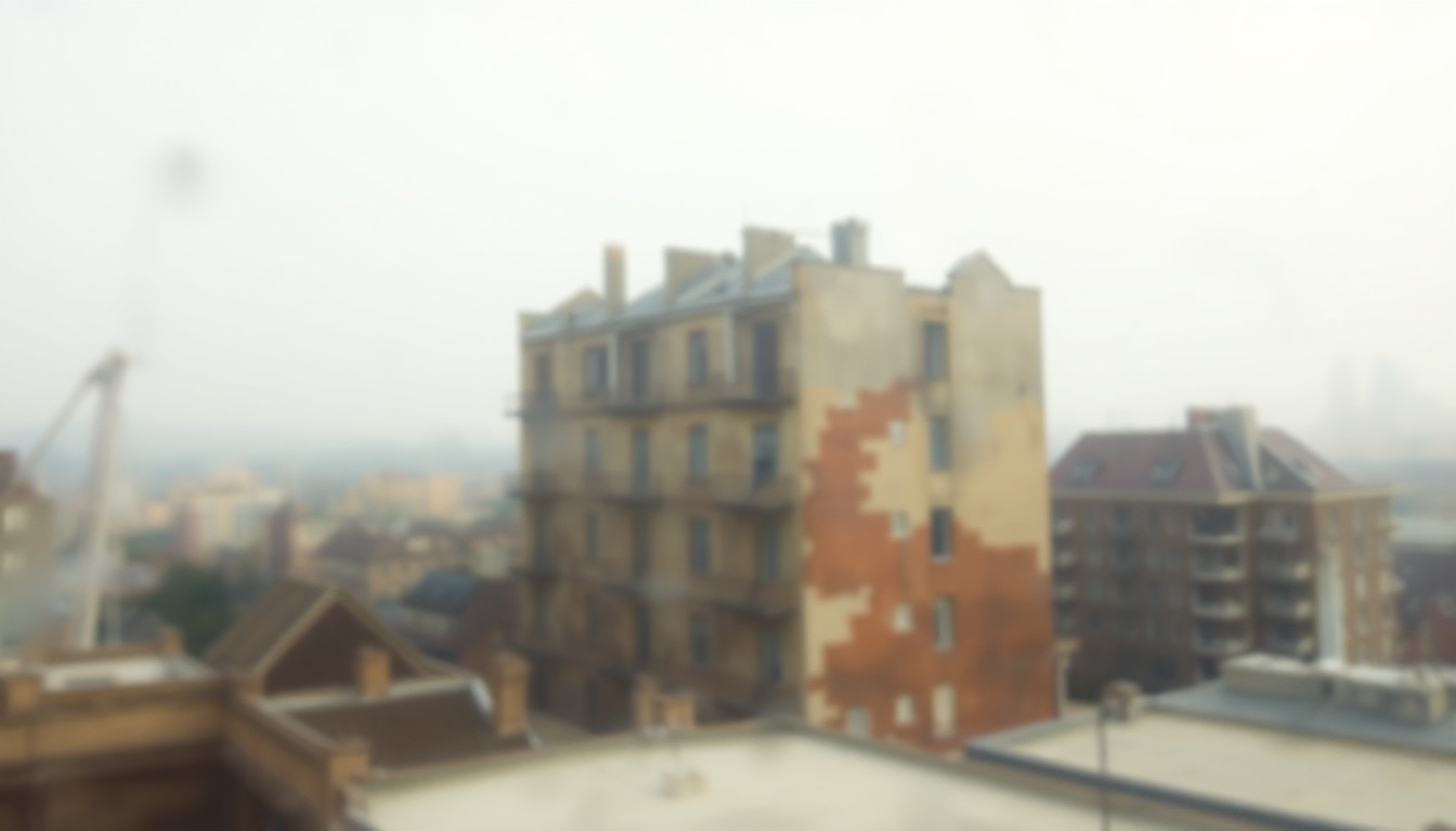 An impressionistic, blurred image of a dilapidated building facade, conveying the sense of an aging urban structure in need of repair or removal.