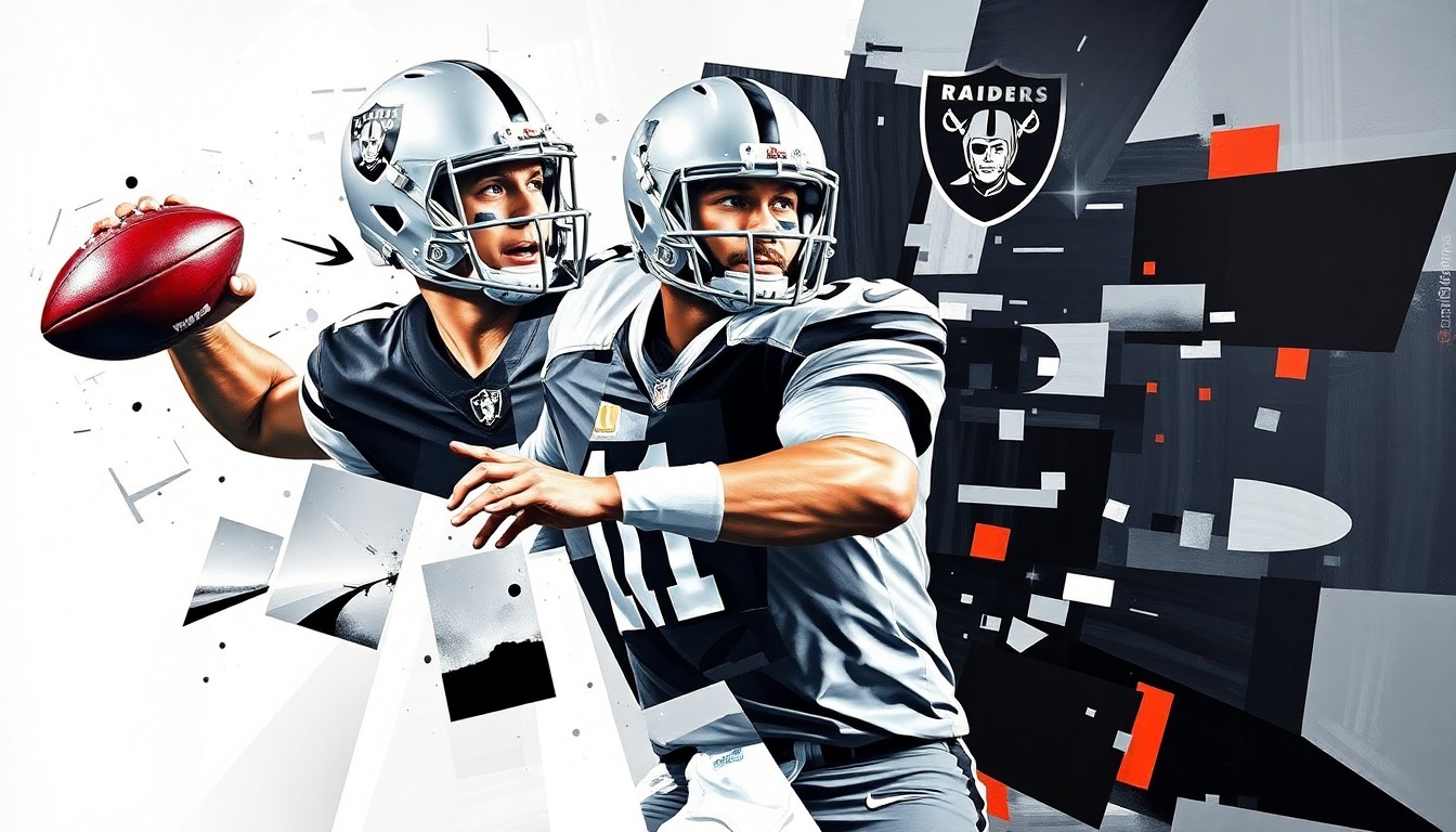 A cubist, geometric illustration depicting a football quarterback's throwing motion, broken down into sharp, overlapping planes of silver, black, and metallic red, representing the colors of the Las Vegas Raiders.