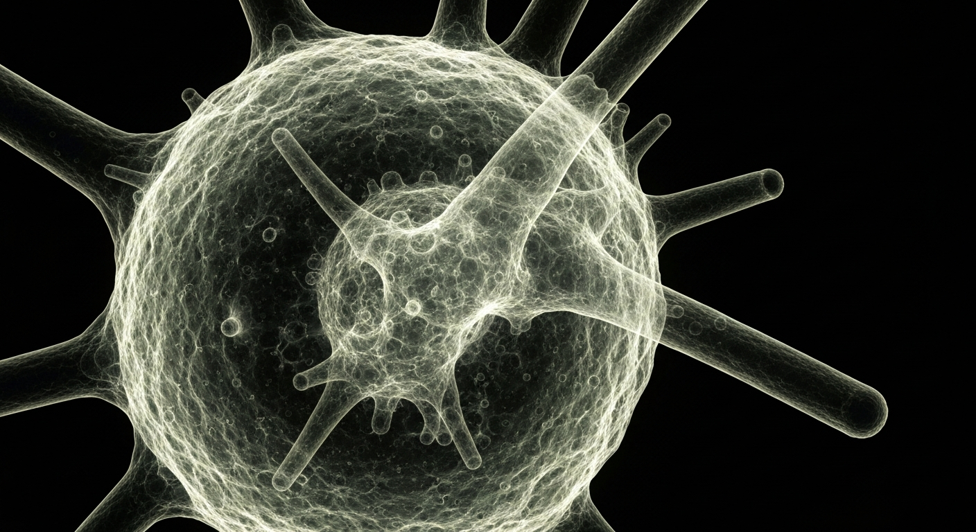 An extreme close-up, translucent X-ray image showing the intricate, glowing internal structure of a microplastic particle against a dark background, conceptually illustrating the difficulty of detecting and removing these tiny pollutants from drinking water.