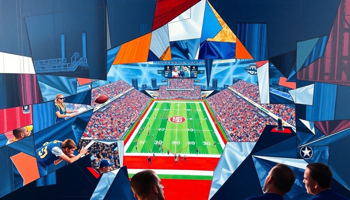 A cubist, geometric painting depicting fragmented and overlapping shapes in navy blue, silver, and red, representing the uncertainty and multiple perspectives of the upcoming NFL Draft for the Dallas Cowboys.