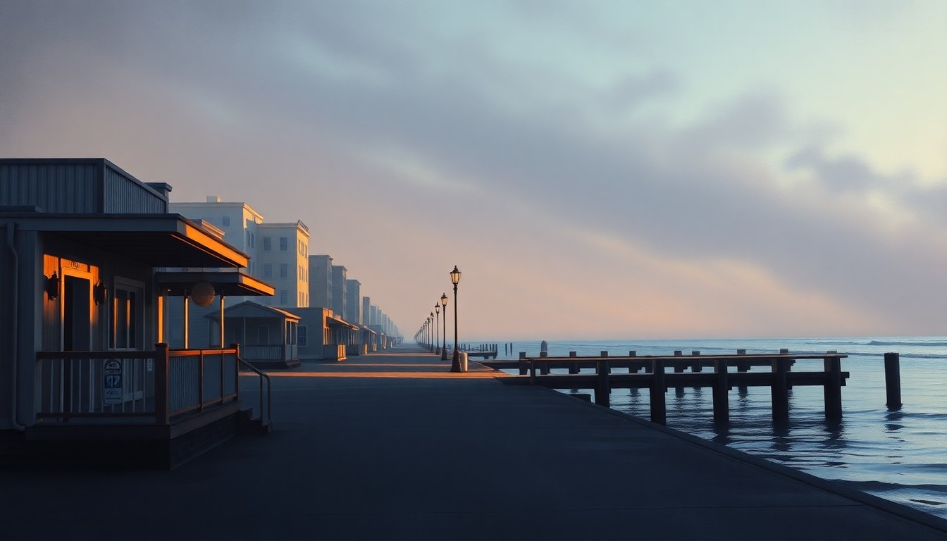 A serene, photorealistic painting of the Channel Drive waterfront in Point Pleasant Beach, with the Manasquan River in the background and a lone figure walking along the shore, capturing the tranquil, nostalgic mood of the location.
