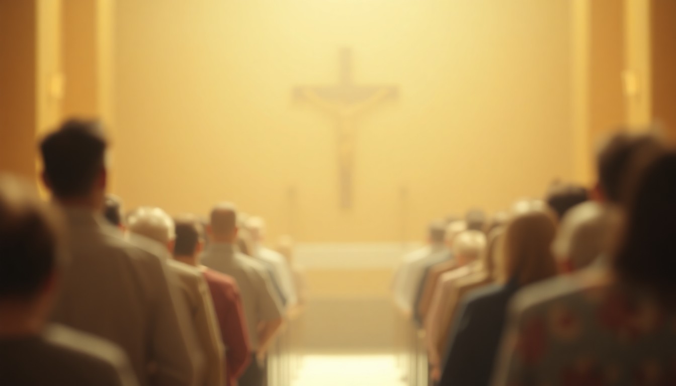 A blurred, atmospheric photograph in soft, warm tones depicting a group of people gathered in a church, with the faint outline of a cross visible in the background, conceptually representing the comfort and community of Easter celebrations.
