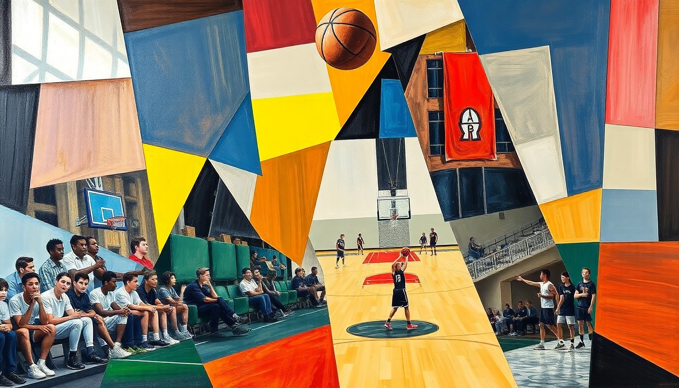 A cubist-style painting depicting a high school basketball game broken down into overlapping geometric shapes and planes, capturing the dynamic energy and movement of the sport.