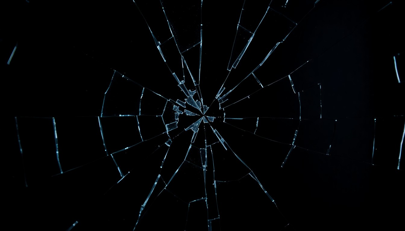 An extreme close-up photograph of a shattered, reflective surface in dramatic, high-contrast studio lighting, conveying the fragility of mental health through an abstract, textural composition.