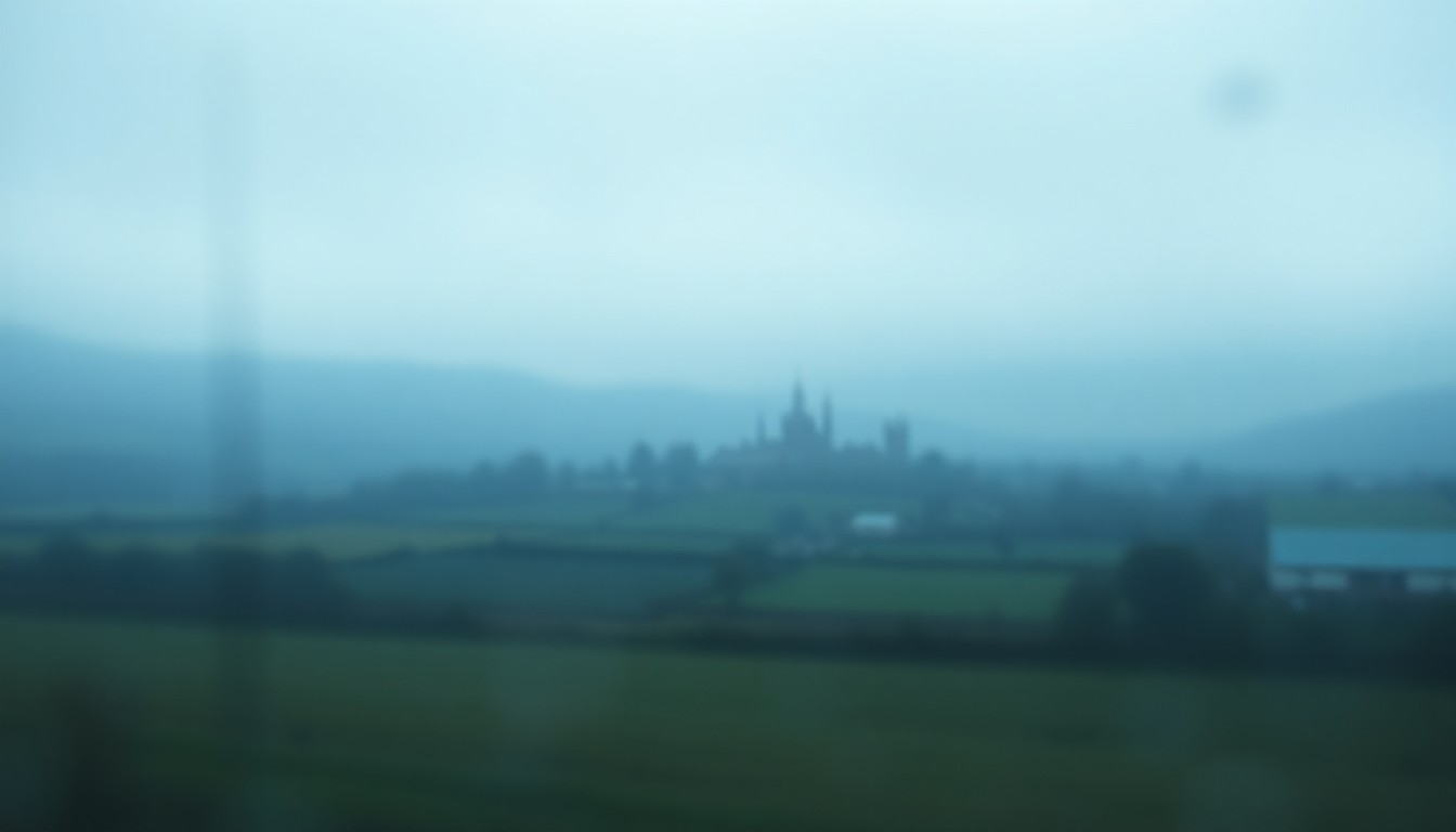 An extremely blurred, impressionistic scene of a small town in muted tones, with only the faintest outlines of buildings and infrastructure visible through the hazy, out-of-focus lens, conceptually representing the population decline affecting many rural Washington communities.