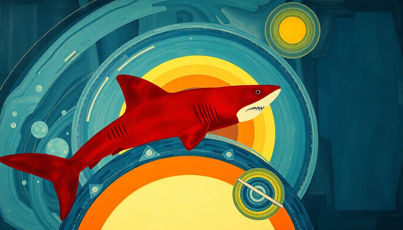 A highly structured abstract painting in soft blues, greens, and grays, featuring sweeping geometric arcs, concentric circles, and precise botanical spirals, conceptually representing the complex factors that would prevent a bull shark from surviving in the cold, inhospitable waters of the Great Lakes.