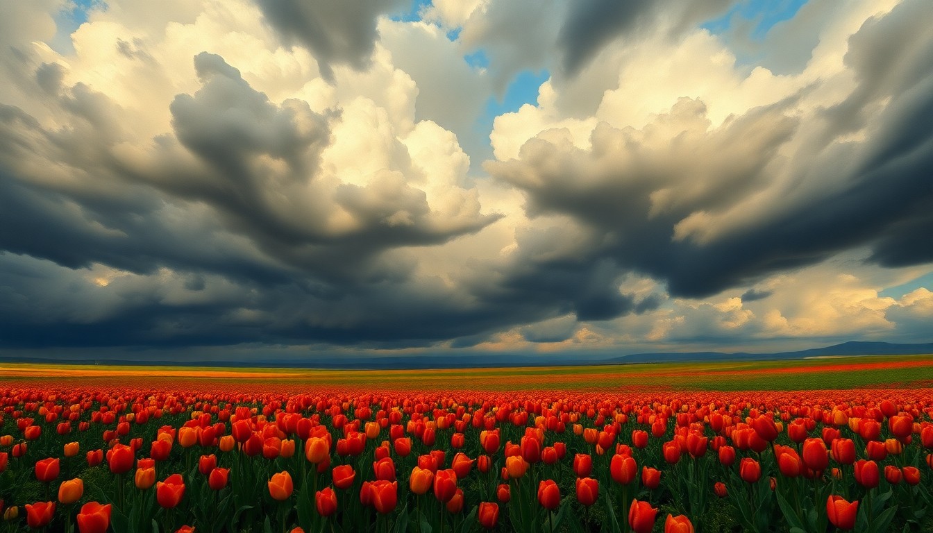 A vast, majestic landscape painting depicting a field of vibrant tulips in the foreground being dwarfed by a dramatic, moody sky filled with ominous clouds, conveying the overwhelming power of nature.