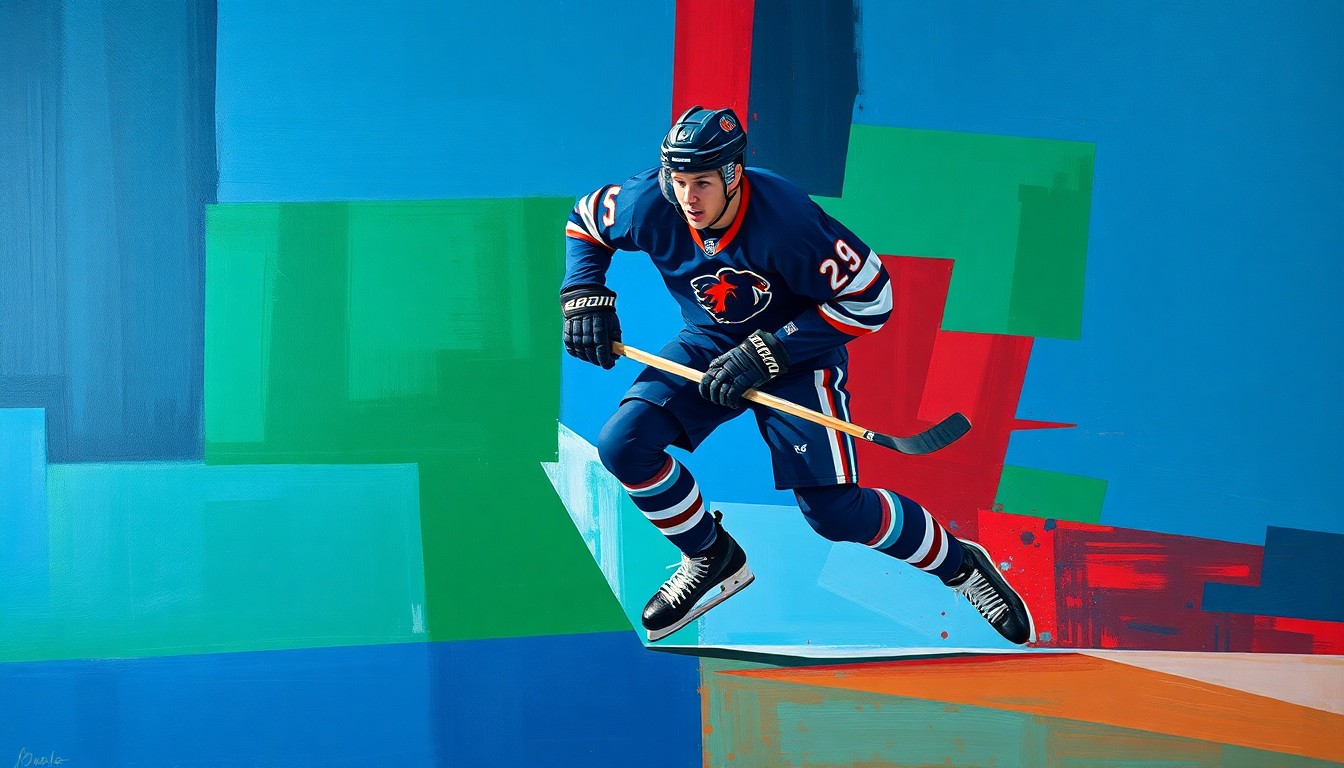 A cubist-style painting depicting a hockey player in mid-stride, broken down into sharp, overlapping geometric shapes in a palette of deep blues, greens, and reds, conveying the dynamic energy of the sport.