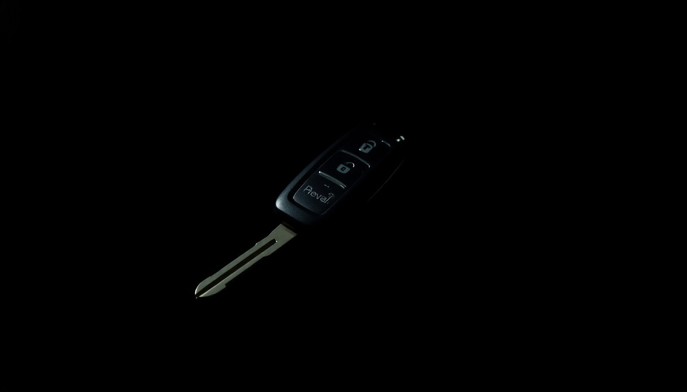 An extreme close-up photograph of a car key against a pitch-black background, lit by a harsh, direct camera flash, creating a stark, gritty, investigative aesthetic.
