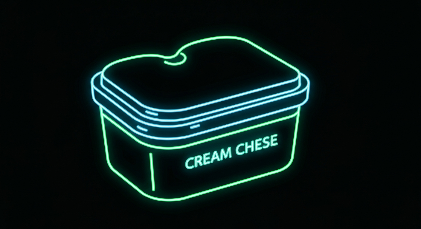 A minimalist, glowing neon outline of a cream cheese container with a heart-shaped lid, floating against a dark background and emphasizing the shape and energy of the product at the center of this food safety issue.