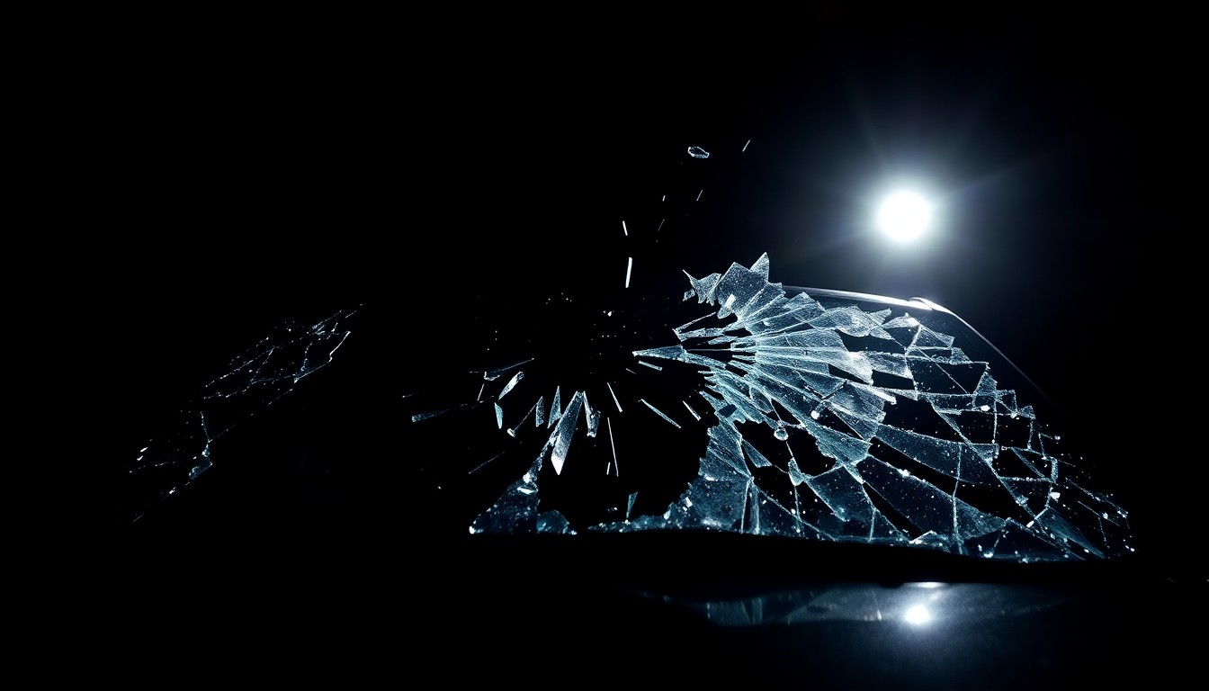 An extreme close-up photograph of a shattered car windshield, the glass reflecting a harsh, direct camera flash against a pitch-black background, conceptually representing the violent conclusion of a police pursuit.