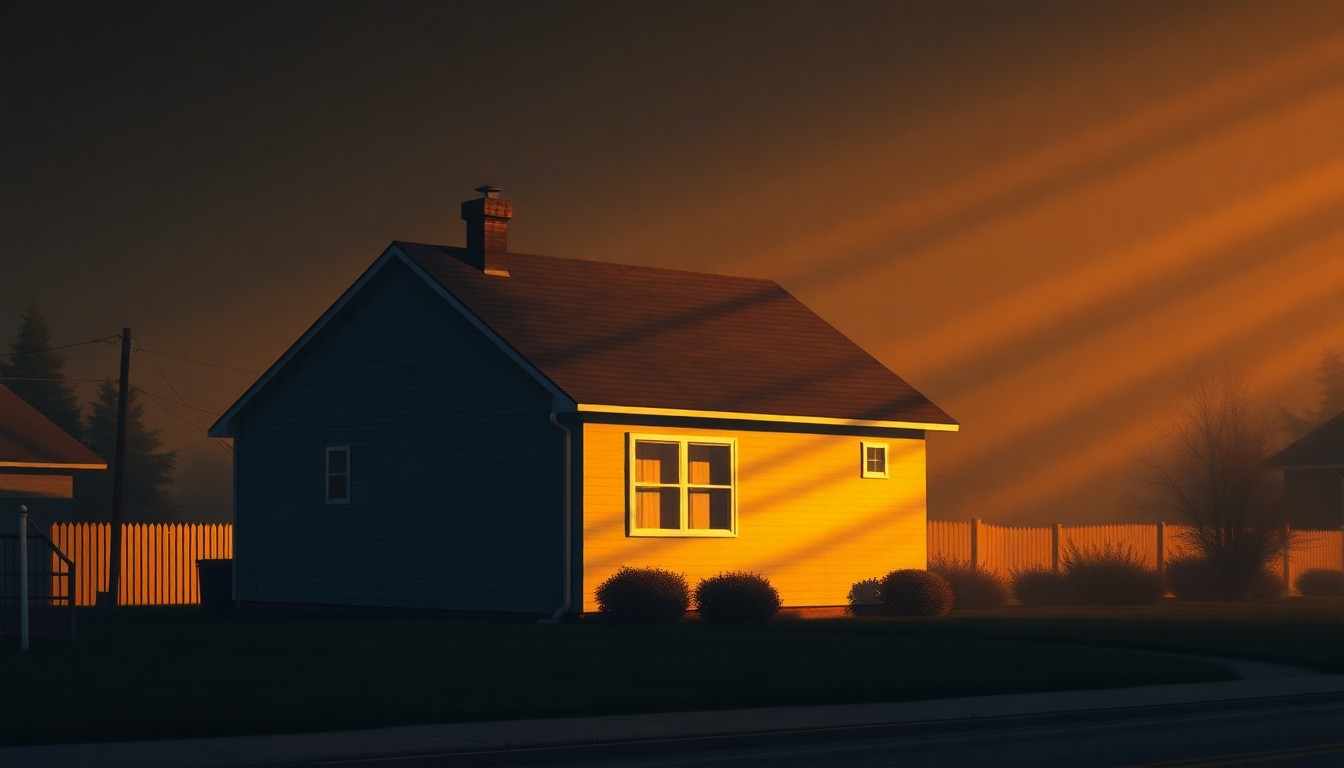 A serene, photorealistic painting of a single-story suburban home in warm, golden light, conveying a sense of quiet melancholy and the challenges facing everyday homebuyers in a market increasingly dominated by corporate investors.