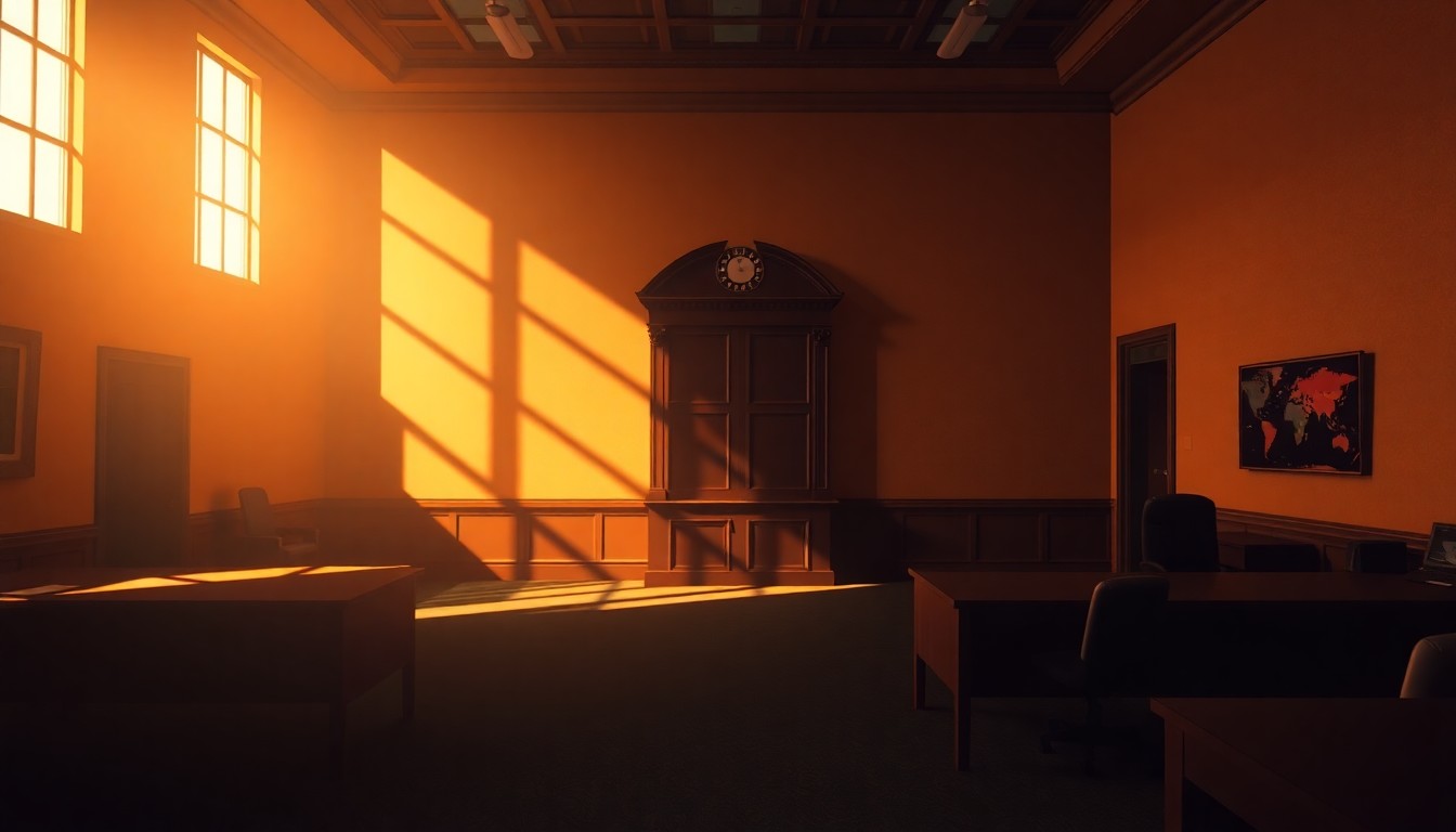 A dimly lit, cinematic government office interior with an empty desk and chair, the room bathed in warm, diagonal sunlight and deep shadows, conveying a sense of political isolation and fading power.