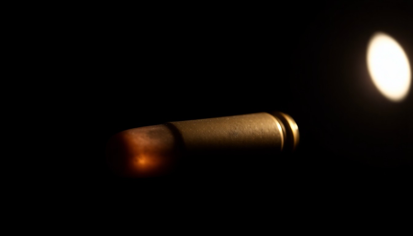 An extreme close-up photograph of a bullet casing or other small piece of crime scene evidence, lit by a harsh, direct camera flash against a pitch-black background, creating a stark, gritty, investigative aesthetic that conceptually represents the serious legal implications of the school district's actions.