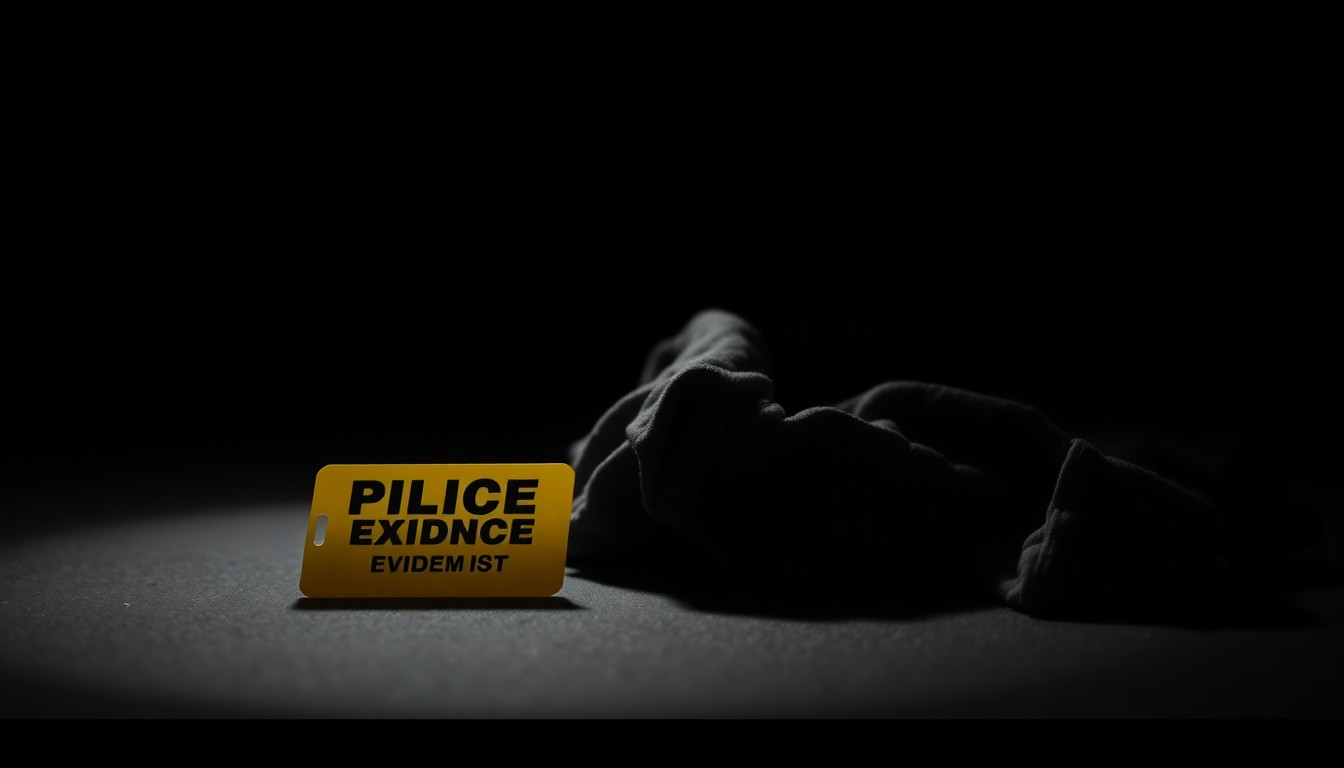 An extreme close-up photograph of a police evidence marker placed next to a discarded item of clothing, conveying a sense of mystery and the serious nature of the investigation.
