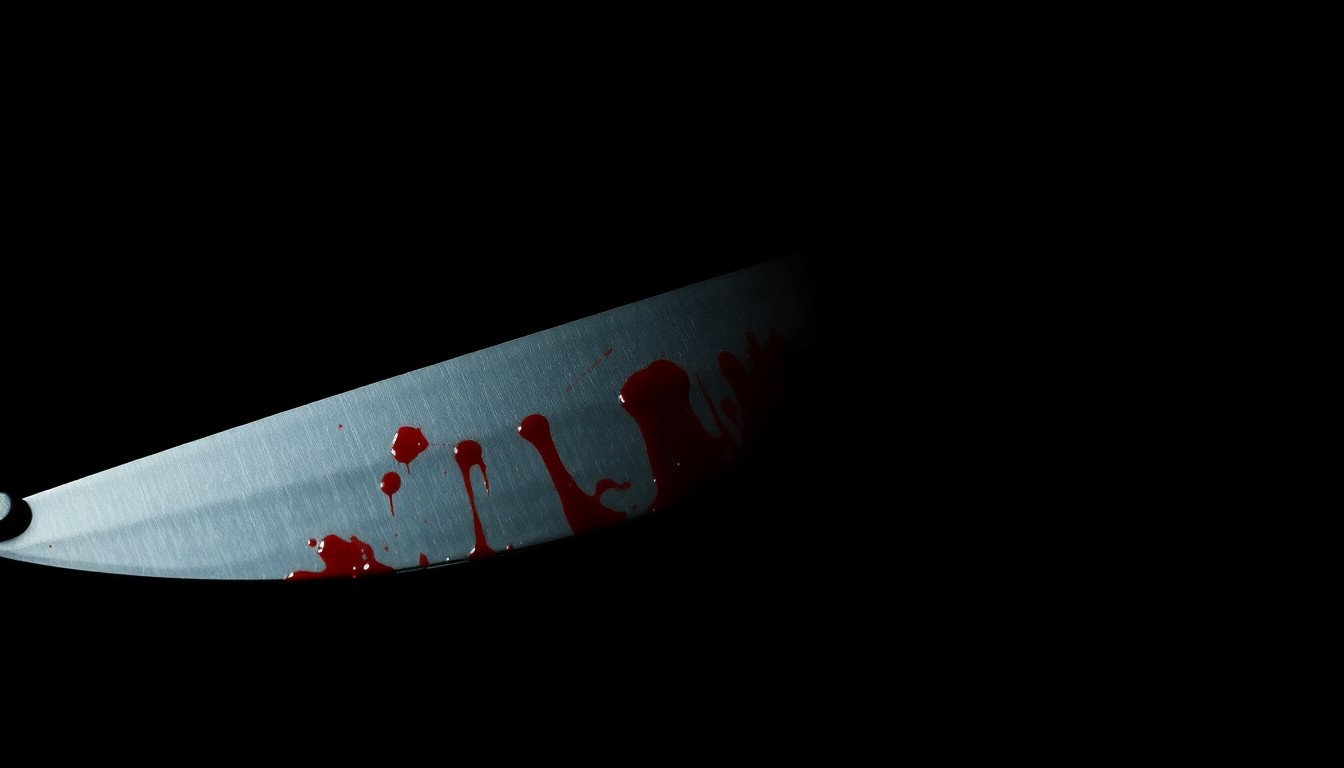 An extreme close-up of a bloodied knife blade, the harsh flash lighting creating a stark, gritty aesthetic that conceptually represents the violence of the gym stabbing incident.