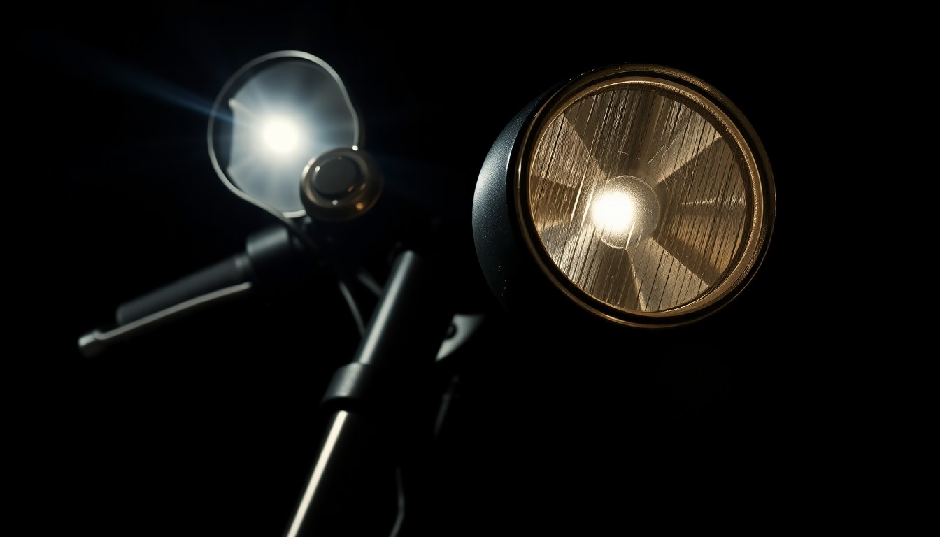 An extreme close-up photograph of a damaged motorcycle part, such as a cracked mirror or broken turn signal, lit by a harsh, direct camera flash against a pitch-black background, creating a stark, gritty, investigative aesthetic that conceptually represents the aftermath of a serious motorcycle crash.