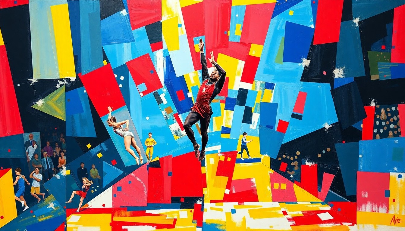 A fragmented, cubist-style painting depicting the dynamic movements and energy of a gymnastics competition, with sharp geometric shapes and planes in a vibrant color palette.
