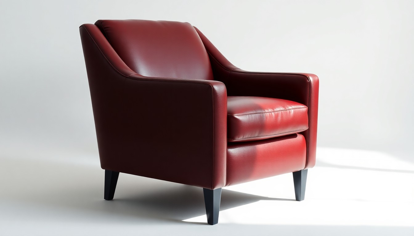 A photorealistic studio still life of a luxurious burgundy leather armchair, dramatically lit to showcase its premium materials and craftsmanship, conceptually representing the high-stakes furniture promotion tied to the UConn basketball teams' tournament run.