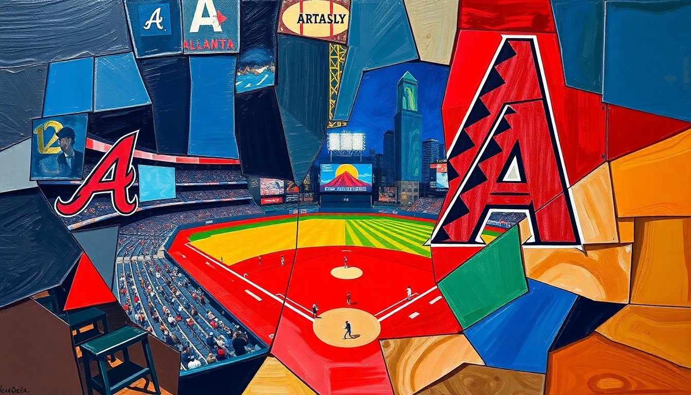 A fractured, geometric painting in the style of Pablo Picasso, with sharp overlapping planes of navy blue, Sedona red, and Sonoran sand colors representing the baseball action between the Atlanta Braves and Arizona Diamondbacks.