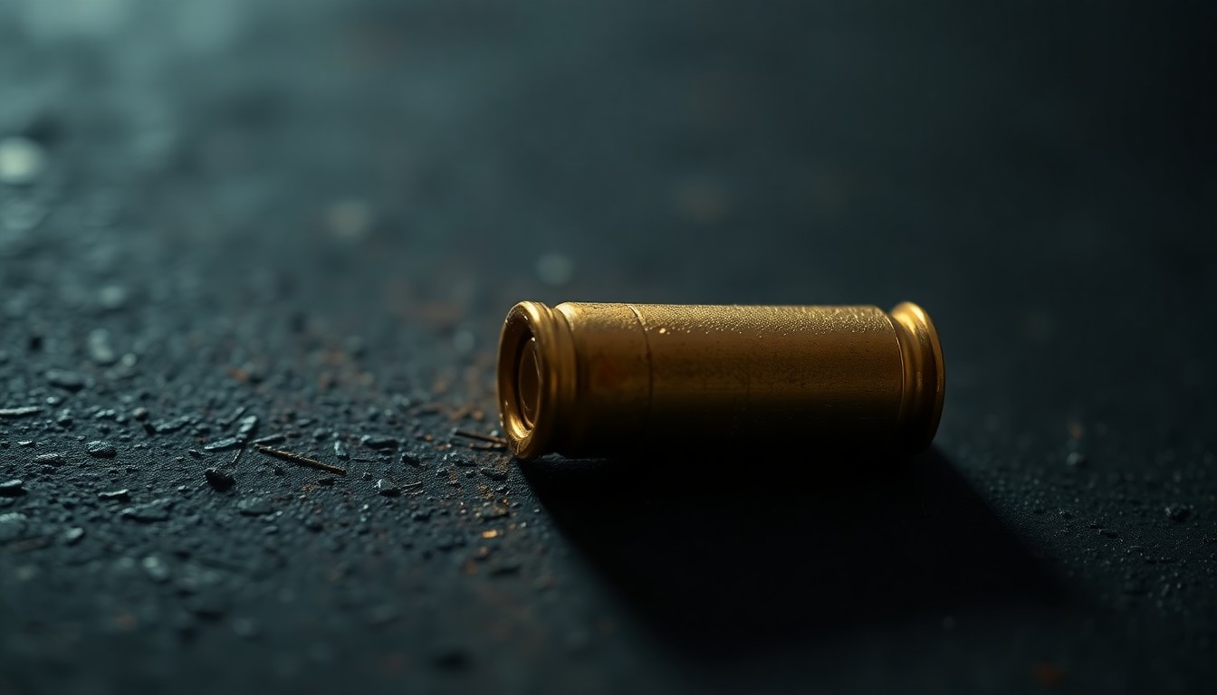 An extreme close-up photograph of a single spent bullet casing on a dark, textured surface, conceptually representing the violence and aftermath of a police shooting.