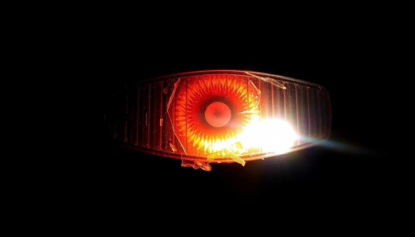 An extreme close-up of a shattered bicycle reflector against a pitch-black background, lit by a harsh, direct camera flash, conceptually representing the tragic aftermath of a fatal hit-and-run incident.