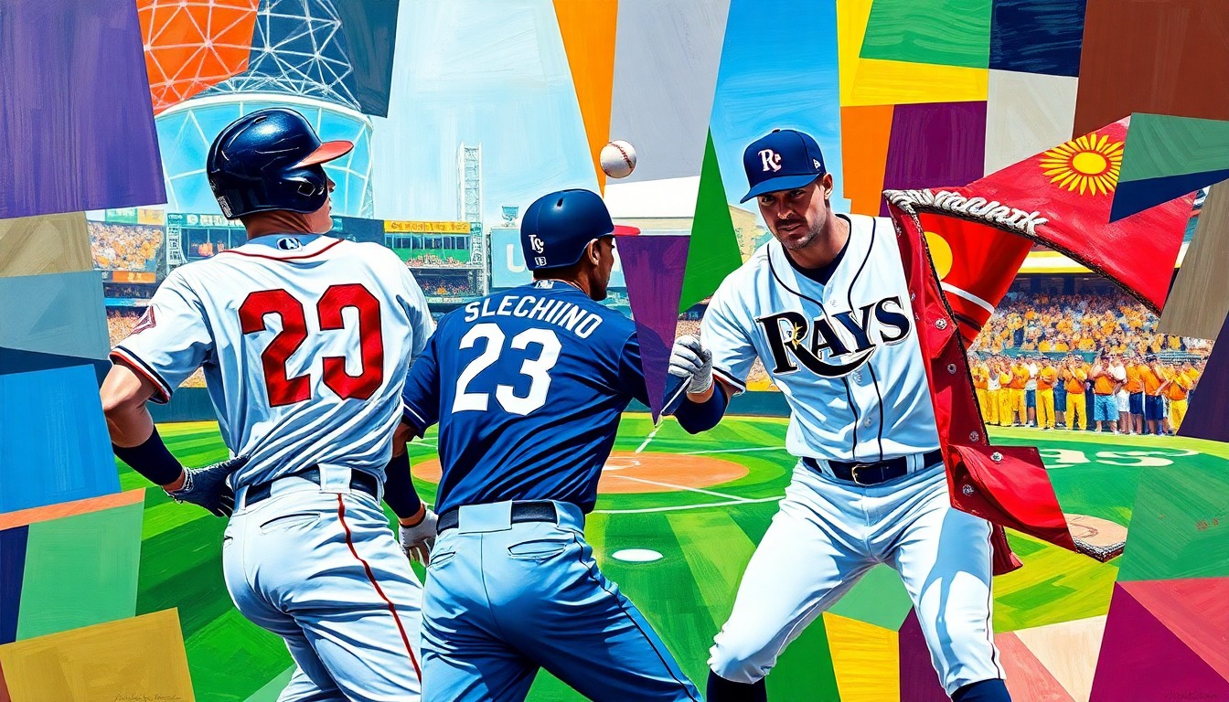 A fractured, geometric painting depicting a baseball game in progress, with the players and field broken down into sharp, overlapping planes of color representing the Twins and Rays uniforms.