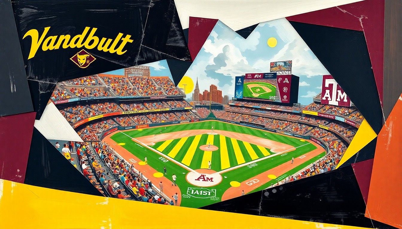 A cubist, geometric painting depicting a college baseball game, with the players and field broken down into sharp, overlapping planes of color in the Vanderbilt and Texas A&M team palettes.