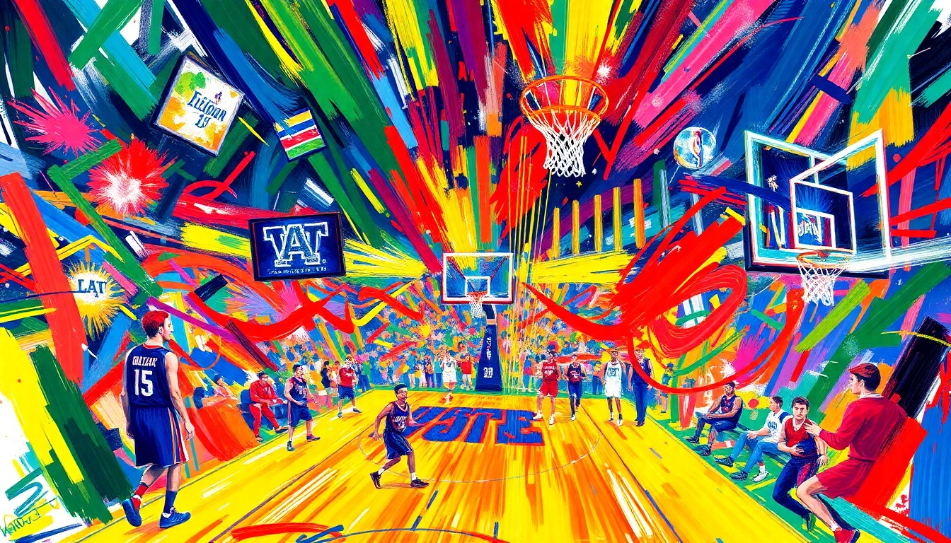 An abstract, textured painting in bright neon colors, with rapid brushstrokes conveying a sense of high-energy movement and excitement, conceptually representing the vibrant atmosphere of a major college basketball tournament.