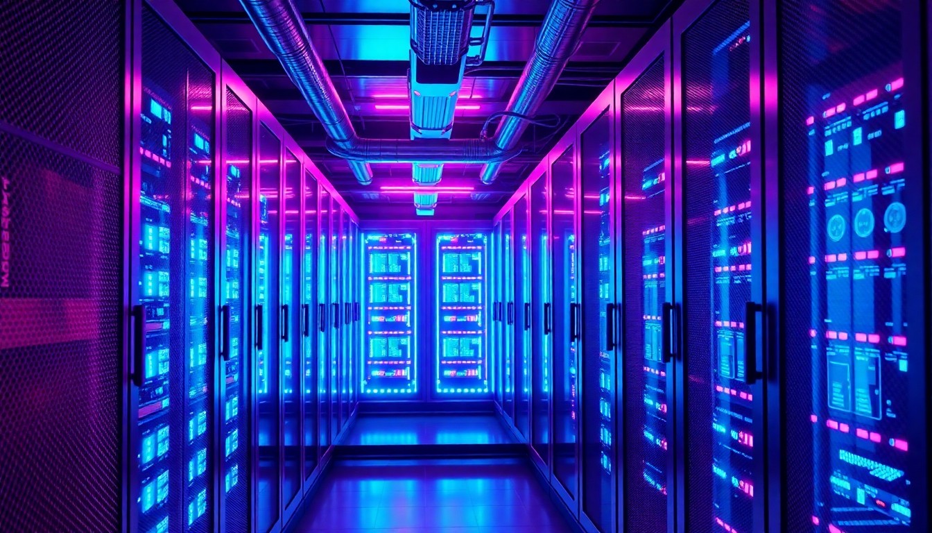 A highly detailed, glowing 3D macro illustration of the internal components of a data center, including server racks and cooling systems, illuminated by neon cyan and magenta lights, conceptually representing the complex, high-tech nature of modern data centers and their role as critical digital infrastructure.