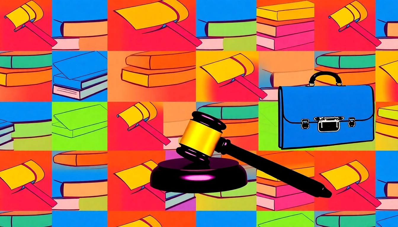 A brightly colored, high-contrast silkscreen print featuring repeated images of a gavel, law books, and a briefcase in a grid pattern, capturing the energy and visual appeal of the legal industry.