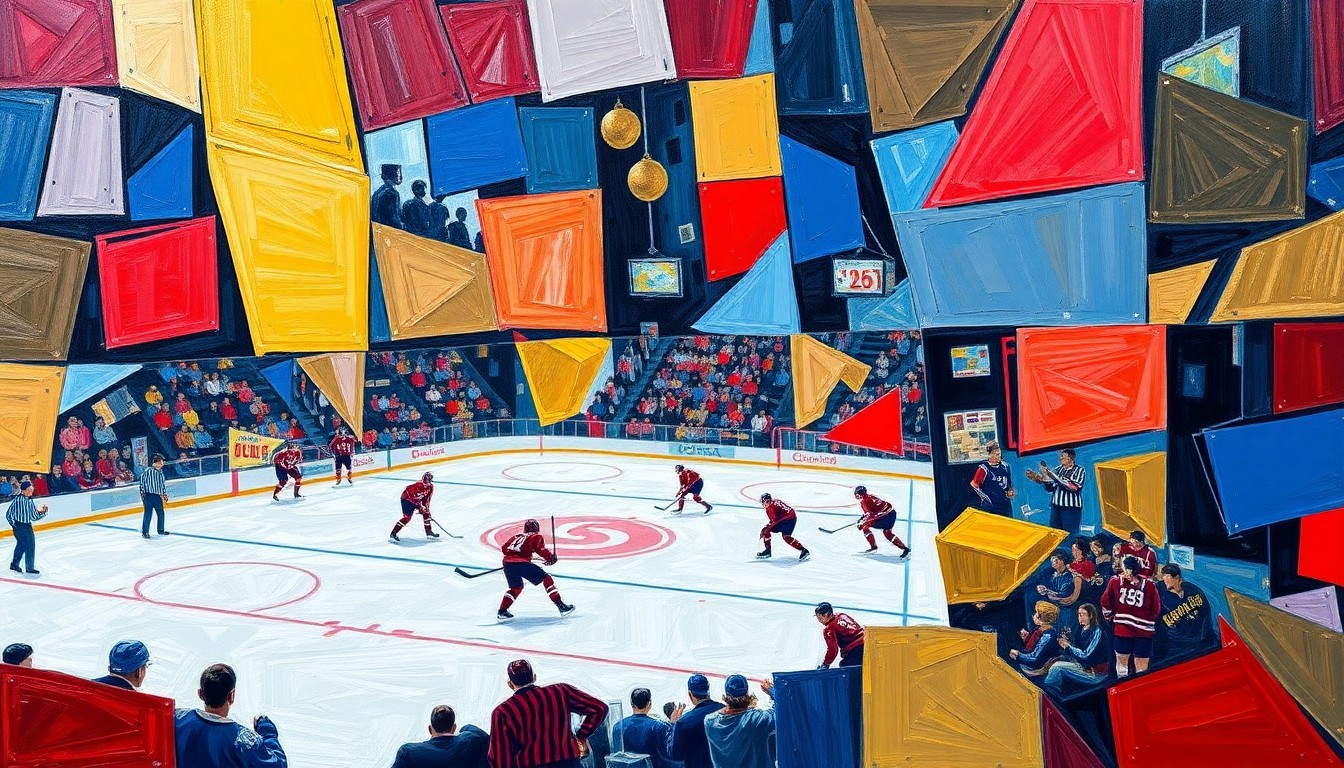 A cubist, geometric painting depicting a college hockey game, with the players and action broken down into sharp, overlapping planes of vibrant red, blue, and gold colors.