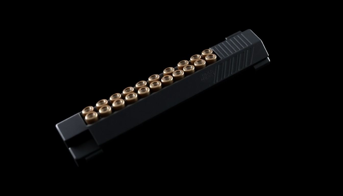 An extreme close-up photograph of a loaded handgun magazine against a pitch-black background, lit by a harsh, direct camera flash, conceptually illustrating the dangerous items seized from a ride-share passenger.