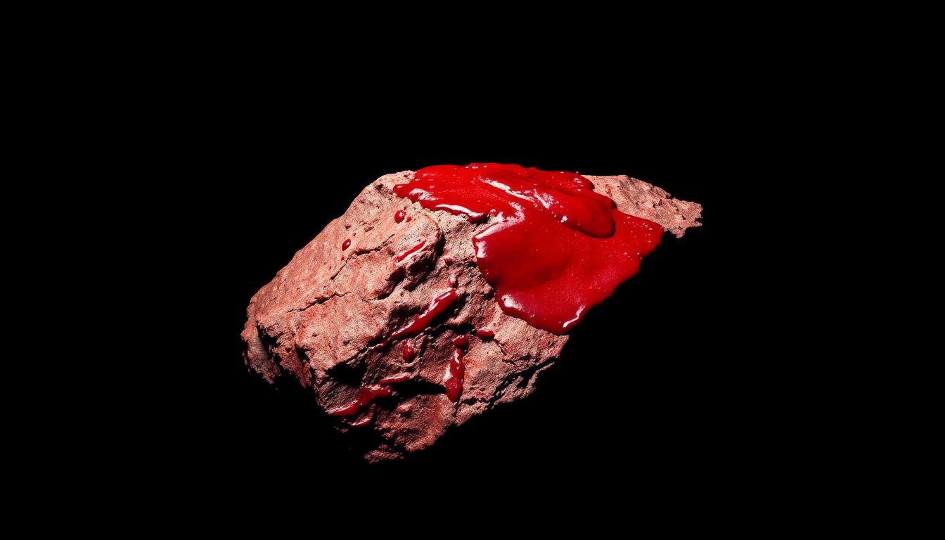 An extreme close-up of a jagged, blood-stained rock, the harsh flash illuminating its rough texture and sharp edges against a pitch-black backdrop, conceptually representing a crucial piece of evidence in a violent crime investigation.