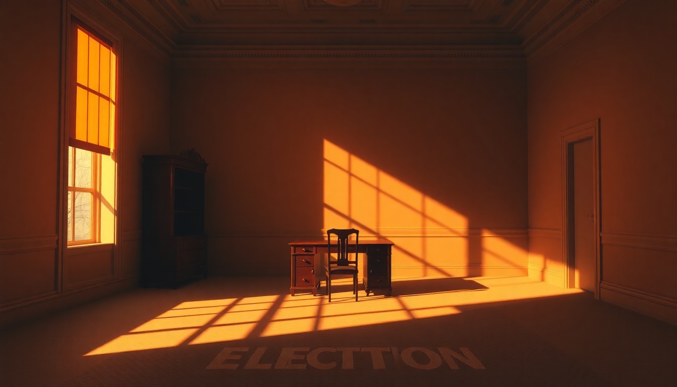 A quiet, cinematic painting of an empty government office with a lone desk and chair bathed in warm, diagonal sunlight and deep shadows, conceptually representing the political tensions over election rules.