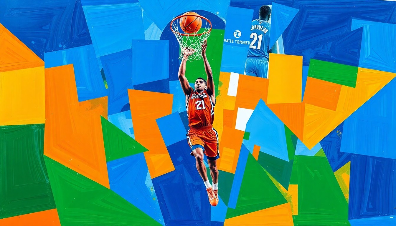 A fragmented, cubist-style painting depicting the dramatic final moments of Braylon Mullins' game-winning shot, with overlapping geometric shapes and planes of color representing the intensity and movement of the play.