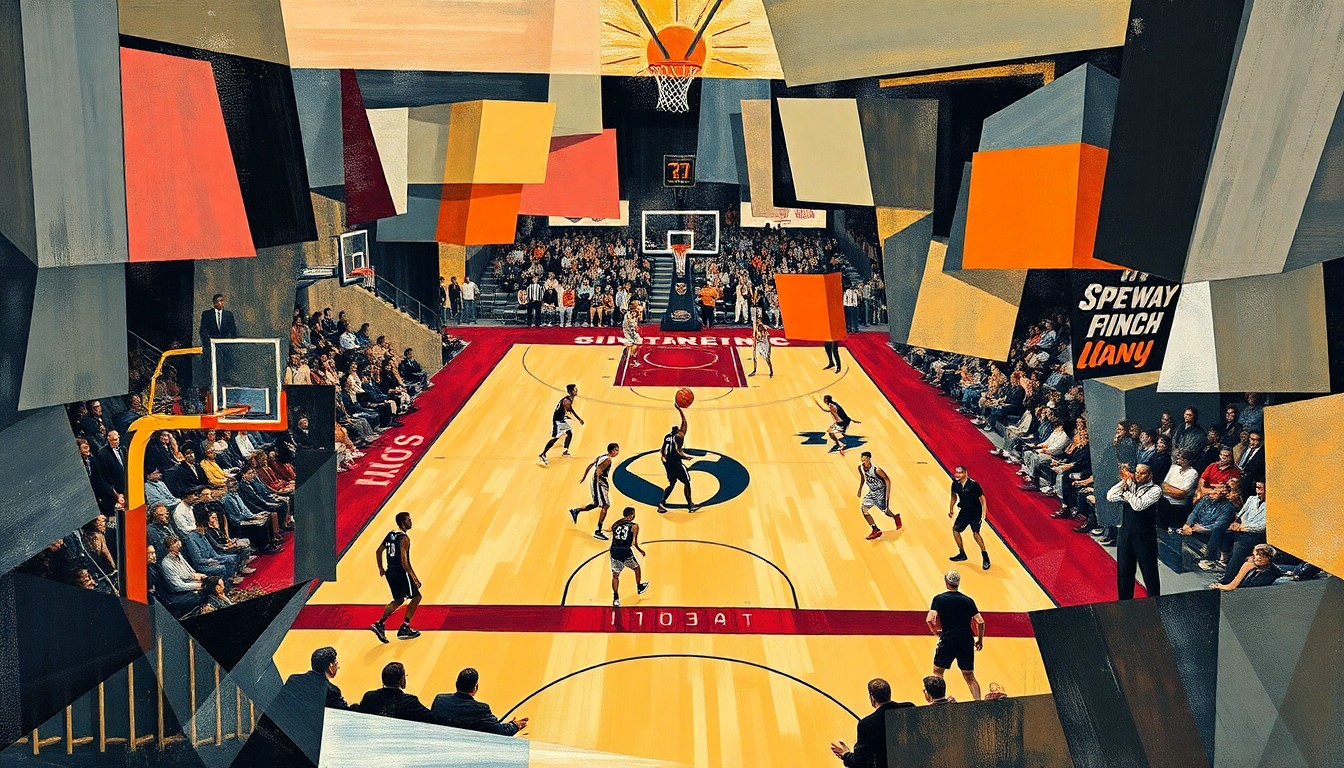 A cubist, geometric painting depicting a fragmented, abstract scene of a college basketball game, with players and the court broken down into sharp, overlapping planes of color and shape.