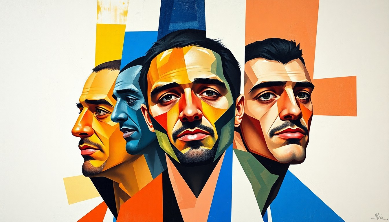 A cubist, geometric painting depicting the five members of the iconic 'Fab Five' basketball team at the University of Michigan, with their figures fractured and overlapping in an abstract, multi-perspective style.