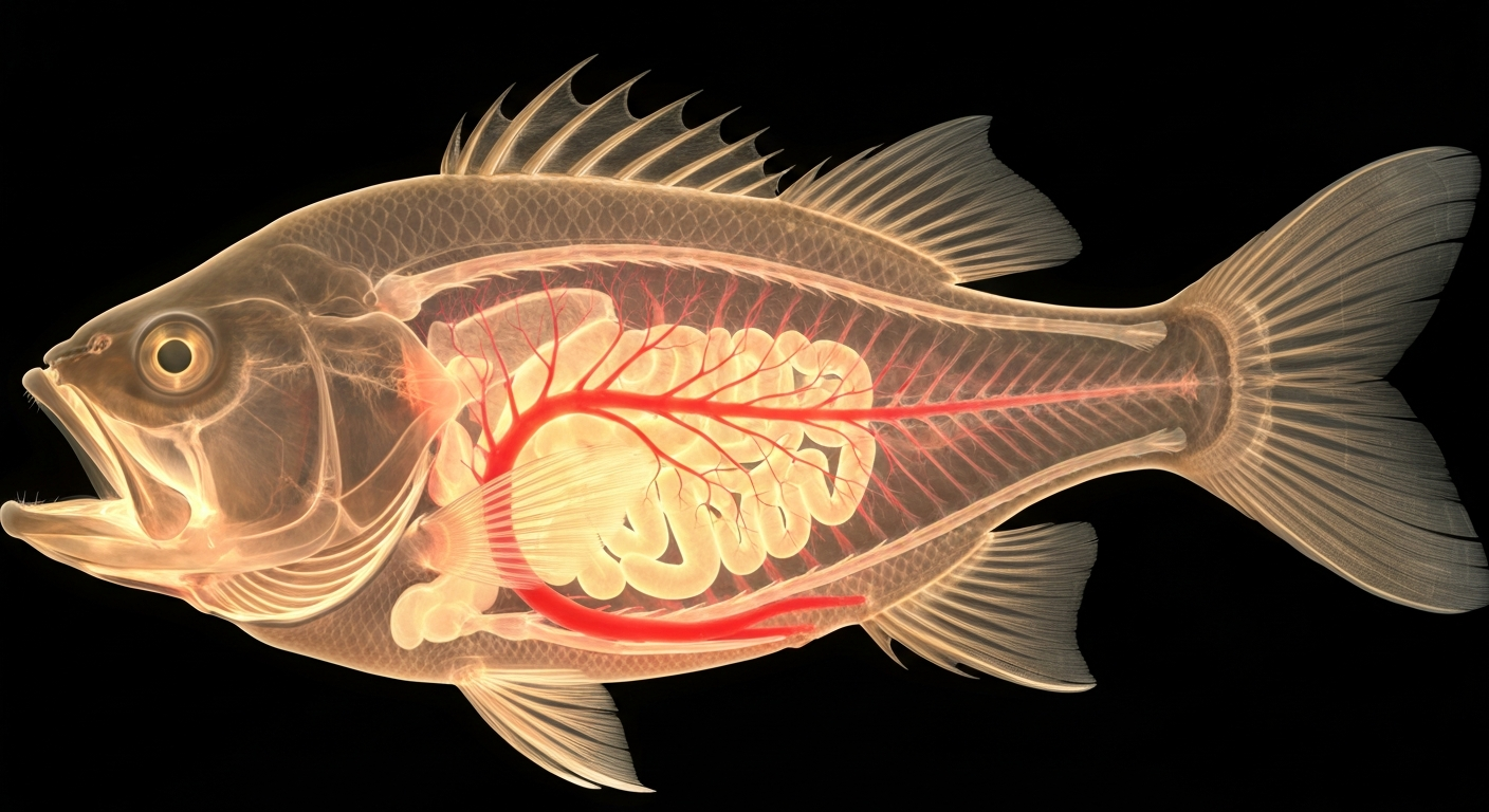 An extreme close-up X-ray image of a striped bass fish, its internal bones and organs visible as glowing, ghostly lines against a dark background, conceptually representing the improved safety of certain Hudson River fish species.