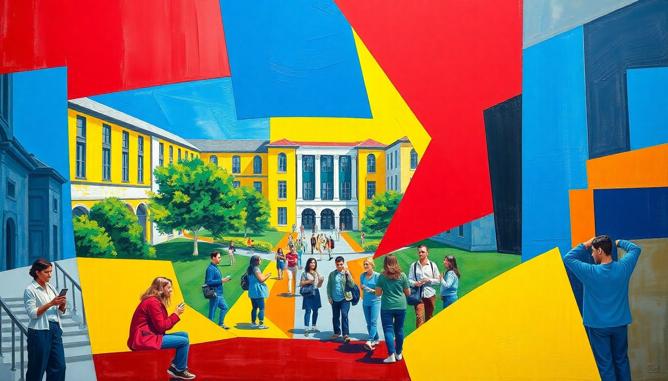 A cubist-style painting depicting fragmented, geometric shapes in bright colors representing a university campus scene with students volunteering at various community organizations, conveying the collaborative and multifaceted nature of the SCAD SERVE program.
