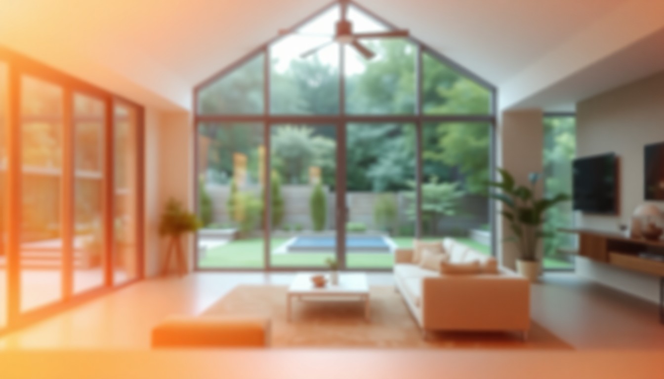 An abstract, impressionistic photograph in soft, warm tones depicting the blurred interior of a modern home with large windows overlooking a backyard, conveying a sense of comfort and relaxation.