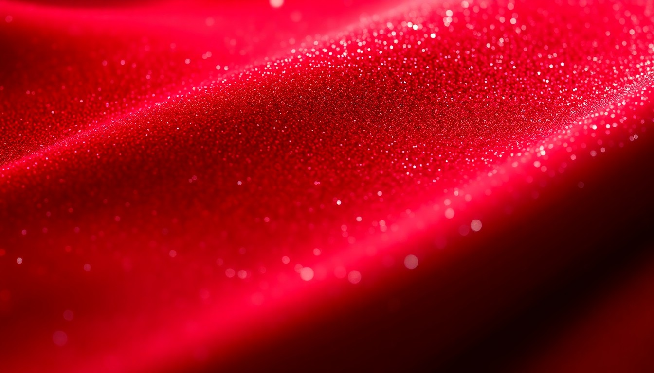 An extreme close-up photograph of a lush, glittering red velvet texture, captured in dramatic studio lighting to create a sense of luxury and glamour.