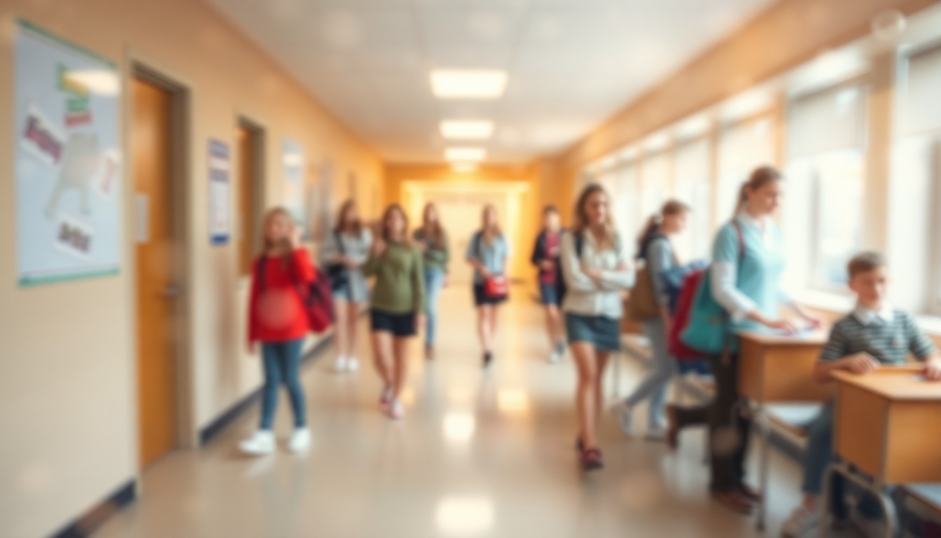 An abstract, impressionistic photograph of blurred figures in a school setting, conveying a sense of anticipation and change in the education community.