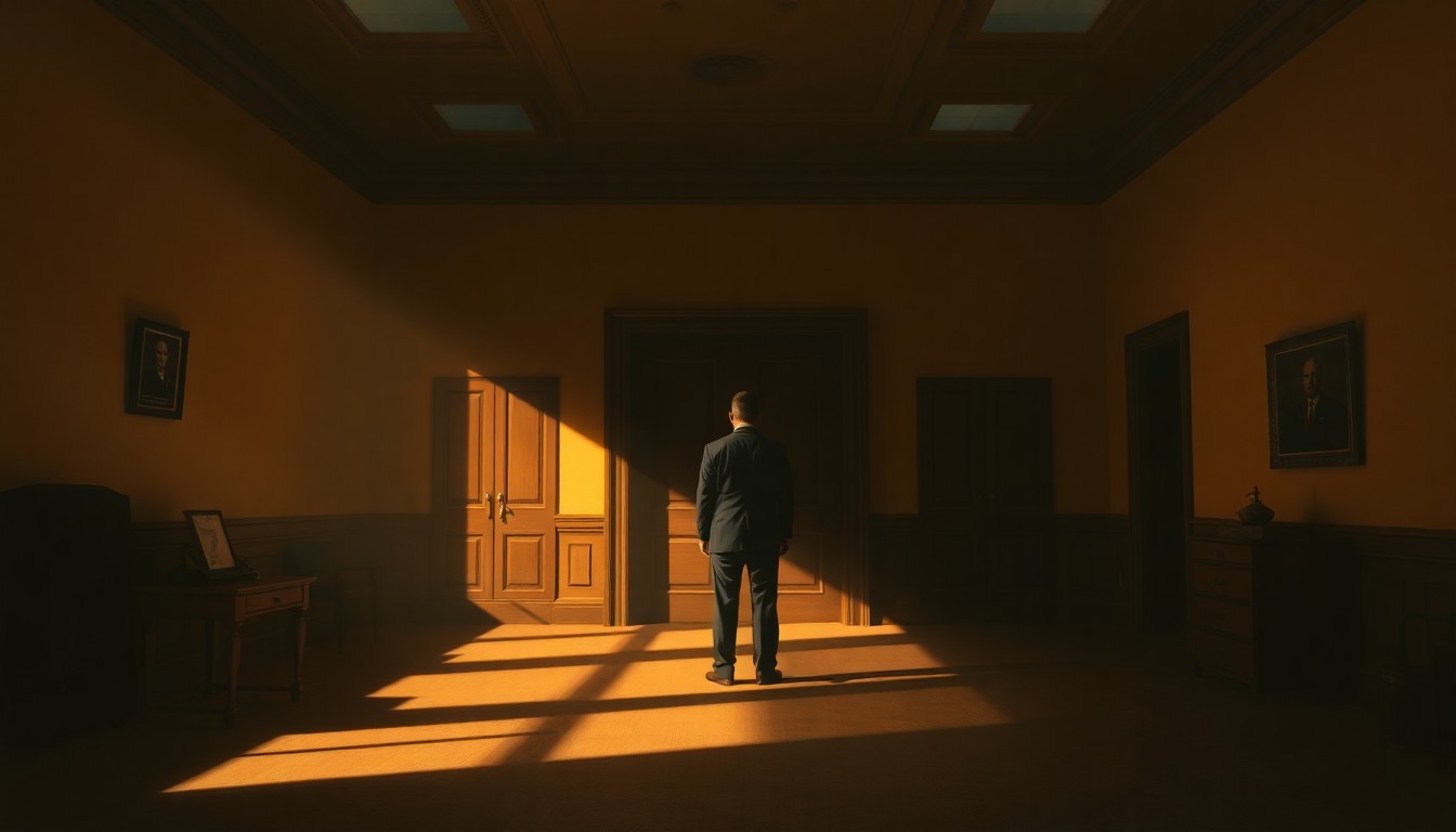 A pensive, solitary figure stands in a dimly lit government office, the warm glow of sunlight casting deep shadows across the room, capturing the contemplative mood of a politician navigating a complex political landscape.